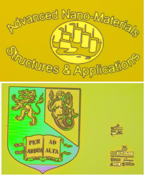 Figure 3: Optical microscope image of the ANMSA logo, University of Birmingham logo, and the lifETIME CDT logo
